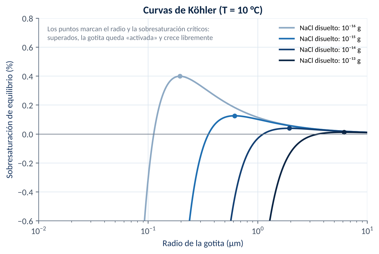 Curvas de Köhler para partículas de NaCl de distintas masas a 10 °C. A la izquierda del máximo la gotita de solución está en equilibrio estable con el entorno («haze»); superado el máximo, queda activ